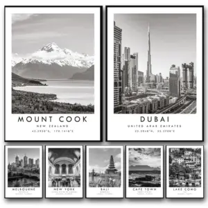 Black White Travel City Poster Dubai Prague Sydney Perth Tokyo Print Canvas Painting Wall Art Picture for Living Room Home De