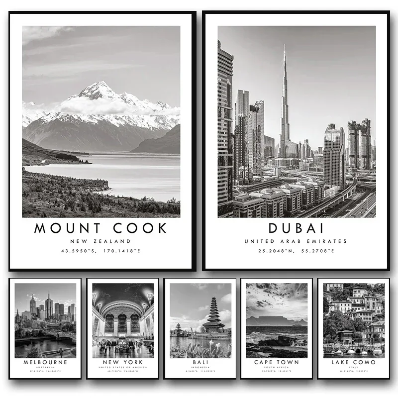 Black White Travel City Poster Dubai Prague Sydney Perth Tokyo Print Canvas Painting Wall Art Picture for Living Room Home De