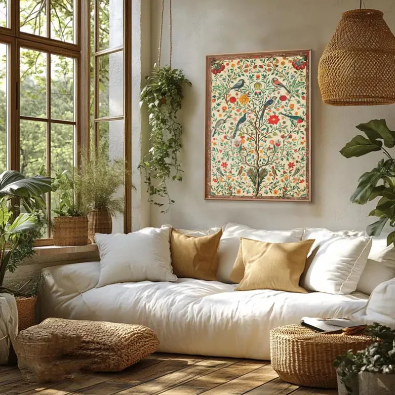 Indian Colourful Floral Bamboo Poster Traditional Botanical and Bird Illustration Canvas Painting Wall Art for Room Home Decor - Image 5