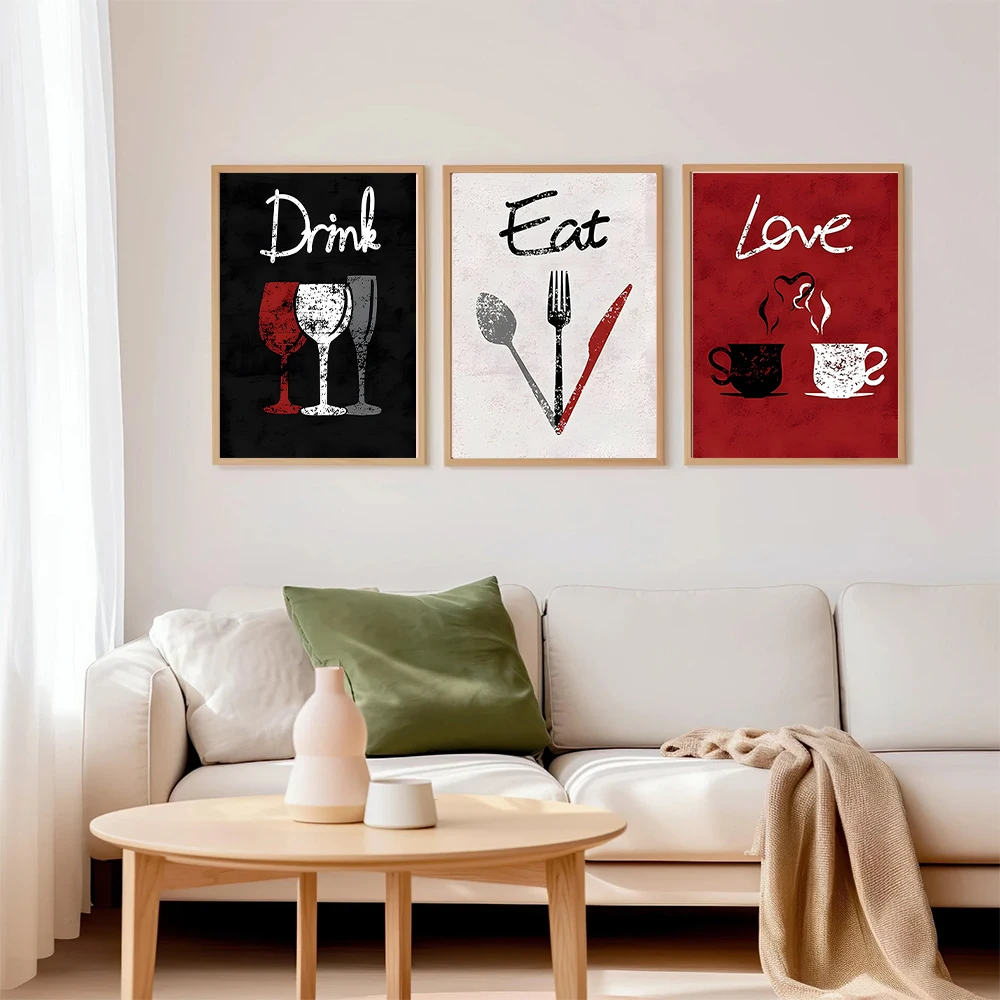 1PC/3PCS Frameless Love Drink Eat Posters Canvas Painting Retro Black Red White Background Diet Wall Art Home Kitchen Decoration - Image 3