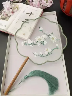 Chinese Style Embroidery Tassel Circular Fan, Double-Sided, Antique Dance Fan, Female Cheongsam, Tassel, Long Handle, Hanfu