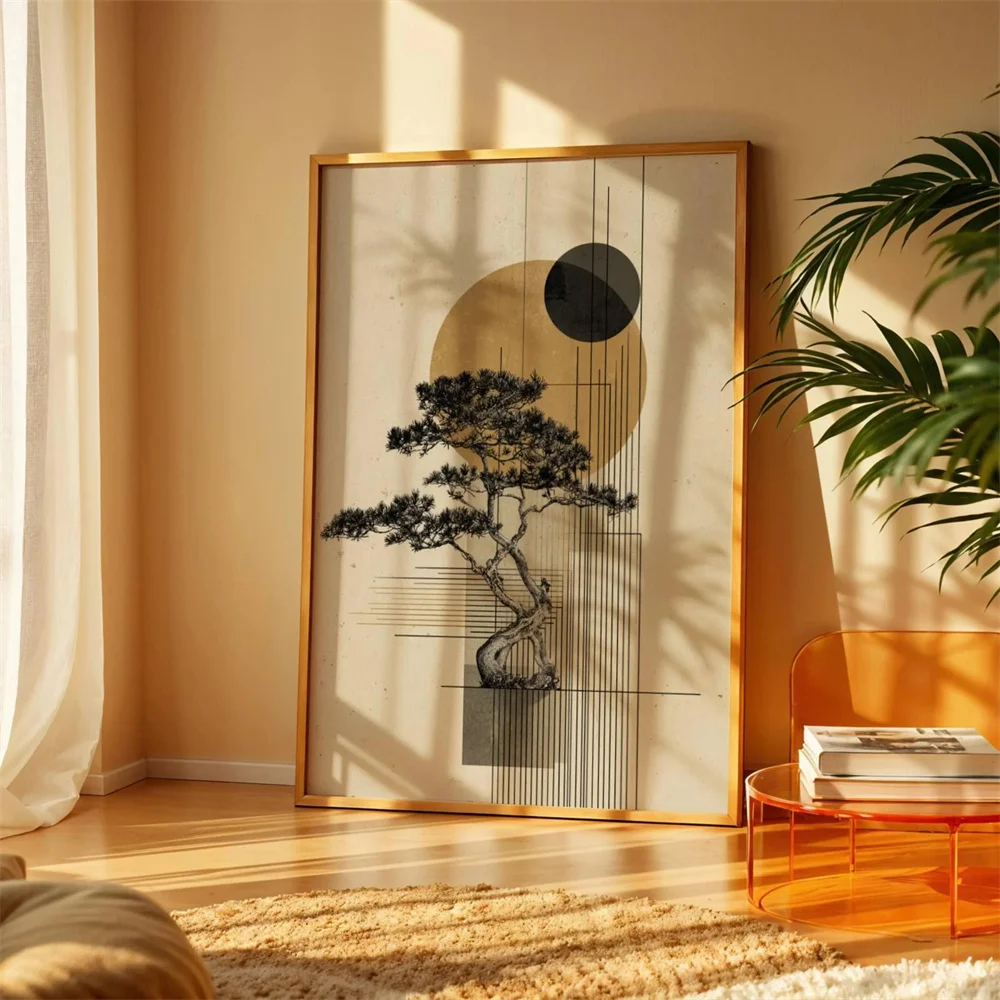 Japanese Poster | Zen Nature Digital Print Abstract Sun Illustration unframe 1pc Japan Bonsai Wall Art Minimalist - Image 4