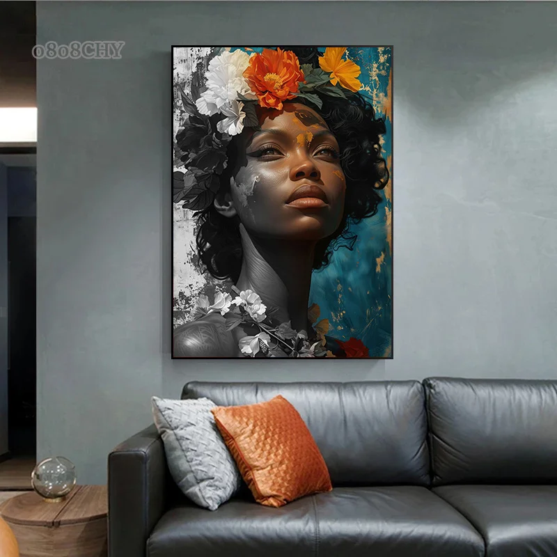 African Woman Flower Canvas Print Posters HD Wall Art Canvas Painting Black Woman Art Fashion Home Living Room Wall Decor Mural - Image 4