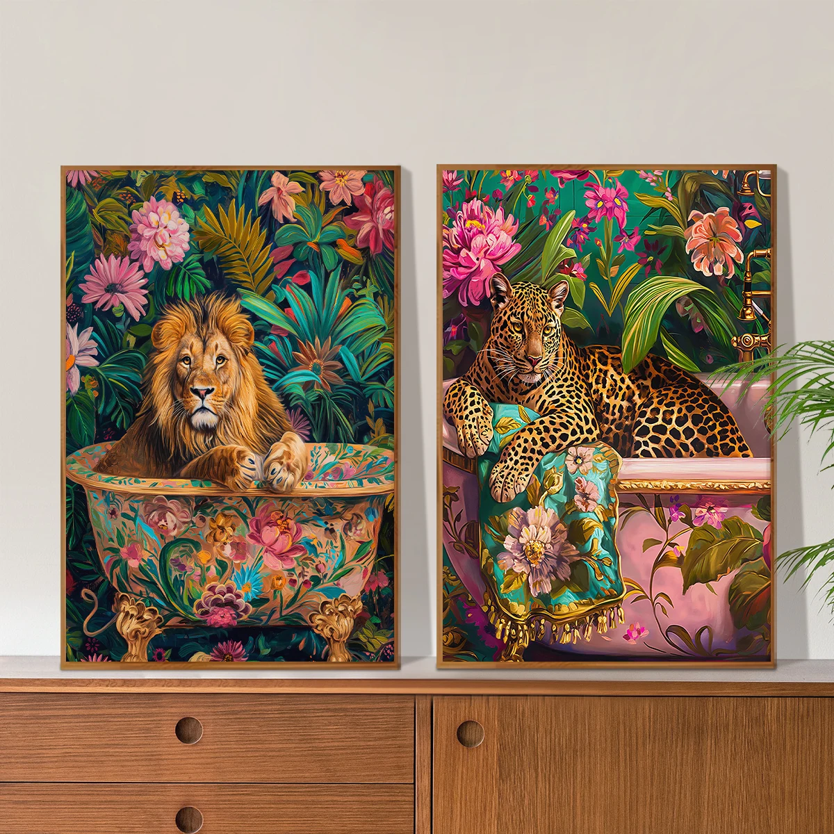 1/2pcs Bohe Lion in A Bathtub Canvas Print Poster Modern Colorful Dopamine Art Prints Bathroom Wall Art Home Decor Art Poster - Image 2