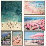Summer Sea Swim Sailboat Coastal Sunset Pink Beach Umbrella Painting on Canvas Print Poster Seascape Wall Home Decor Cuadros
