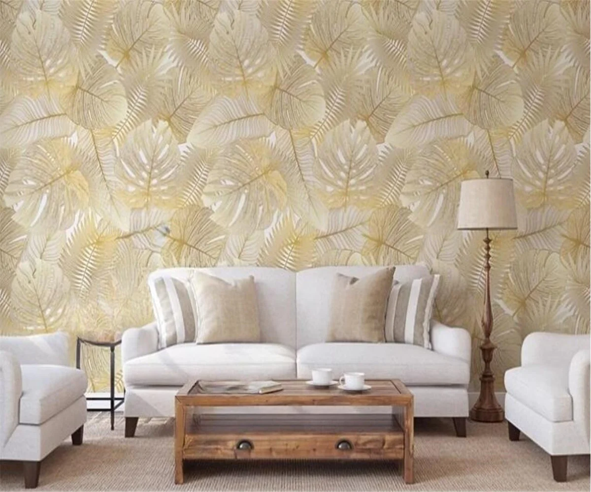 Customized size mural metal lines leaf decoration painting European gold leaf simple seamless connection leaf 3d wallpaper - Image 2