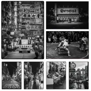 Black & White Asian Street Art Canvas Poster - Bangkok, Hong Kong, Seoul, Tokyo Cityscape Wall Decor Painting