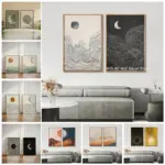 2pcs/set Abstract Neutral Bohemian Sun Moon Line Art Canvas Printing Minimalist Line Black White Wall Art Poster for Home Decor