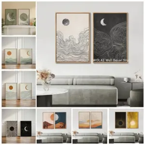 2pcs/set Abstract Neutral Bohemian Sun Moon Line Art Canvas Printing Minimalist Line Black White Wall Art Poster for Home Decor
