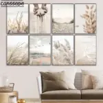 Beige Scenery Print Pictures Hay Reed Hand Sand Canvas Painting Sea Beach Seagull Wall Art Nordic Wall Posters Living Room Decor