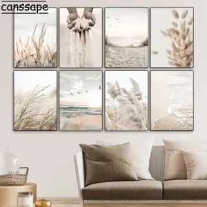 Beige Scenery Print Pictures Hay Reed Hand Sand Canvas Painting Sea Beach Seagull Wall Art Nordic Wall Posters Living Room Decor