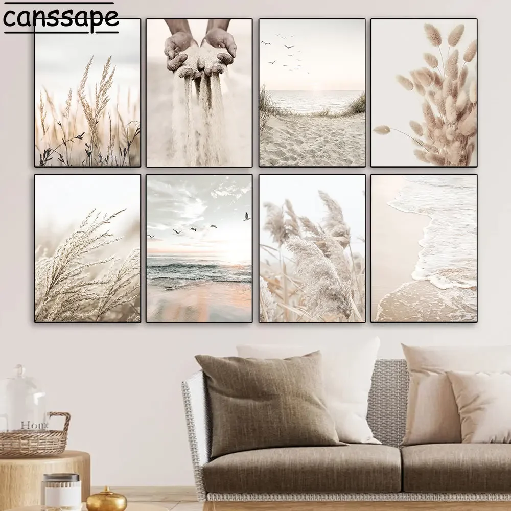 Beige Scenery Print Pictures Hay Reed Hand Sand Canvas Painting Sea Beach Seagull Wall Art Nordic Wall Posters Living Room Decor