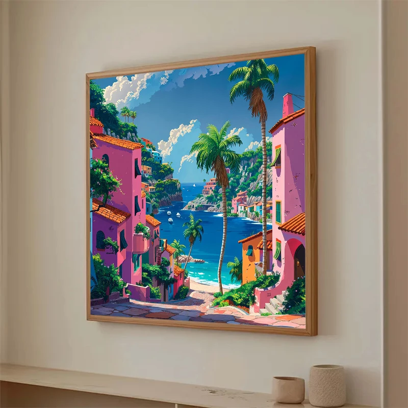 Colorful Buildings Sailboat Palm Tree Mediterranean Coastal Town Canvas Painting Poster Print Wall Art Living Room Home Decor - Image 3