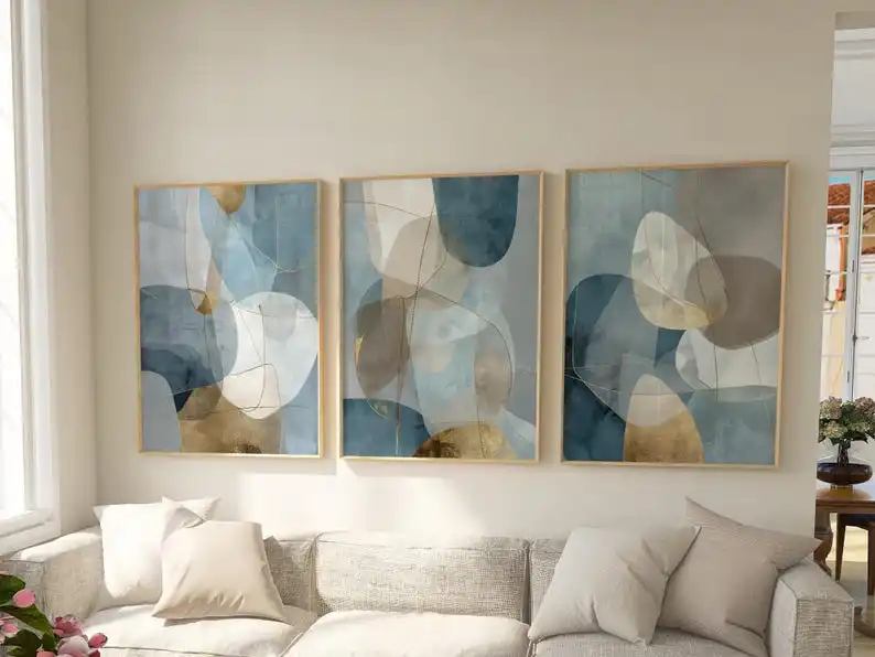 3pcs/set Abstract Blue-gray Gold Geometric Canvas Prints Neutral Earthy Pink Green Wall Art Posters for Living Room Home Decor