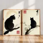 Minimalist Japanese Cat Poster Black Cat By Matsumoto Hoji, Sumi-E Woodblock Painting Canvas Print Wall Art Home Decor Cuadros