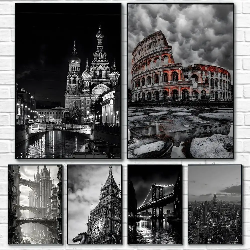 B-Black White World Cities Poster Canvas Painting Poster With Prints Home Bedroom Living Room Decoration Gift