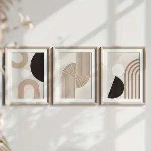 3pcs Modern minimalist abstract line painting, beige geometric frameless mural, bohemian style home décor, frameless wall art
