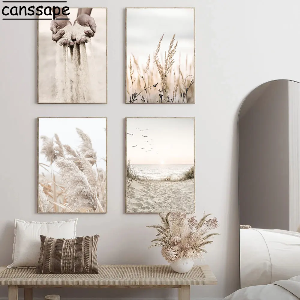 Beige Scenery Print Pictures Hay Reed Hand Sand Canvas Painting Sea Beach Seagull Wall Art Nordic Wall Posters Living Room Decor - Image 3