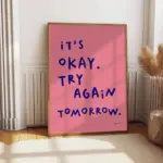 Inspired "It's Okay To Try Again Tomorrow" Pink Blue Quote Canvas Print Poster Modern Minimalist Art Prints Bedroom Home Decor