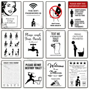 Funny Bathroom Rules Sign Nordic Black White Canvas Paintings Humour Posters Prints Wall Art for Toilet Room Wall Decor Cuadros