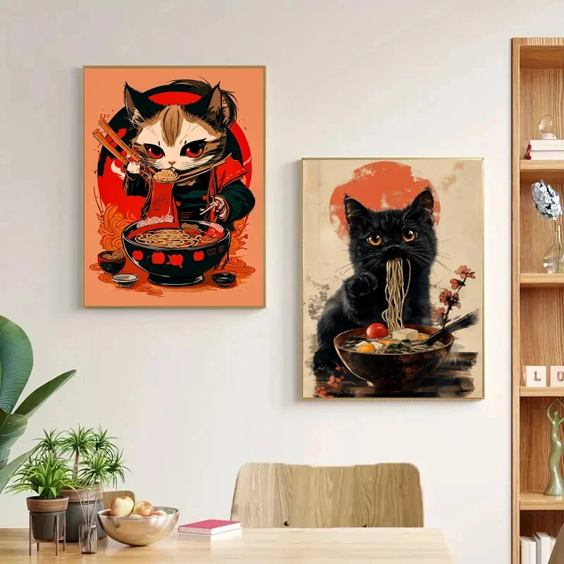 Japanese Cat Eating Noodles Canvas Poster Cat Coffee Bonjour Mon Amour Kitchen Wall Art Prints for Modern Living Room Home Decor - Image 4