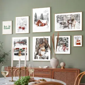 Red Car House Snow Pine Tree Reindeer Winter Festival Posters Prints Canvas Painting Wall Art Pictures For Christmas Home Decor
