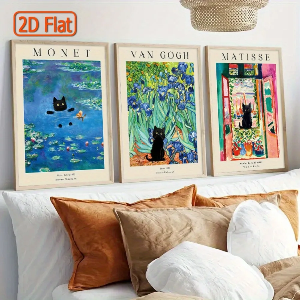 3 Frameless Canvas Prints of Famous Artists,Monet,Van Gogh,Matisse and Cat Illustrations,Classic Masterpieces and Modern Twists - Image 2