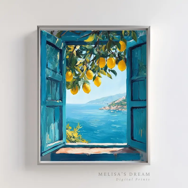Mediterranean Window View Printable Art – Coastal Lemon Tree Wall Decor – Italian Seaside Landscape Frameless
