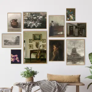 Vintage County Landscape Gallery Wall Art Prints Rustic Moody Cloud Oil Painting Canvas Prints Antique Flower Pictures Decor