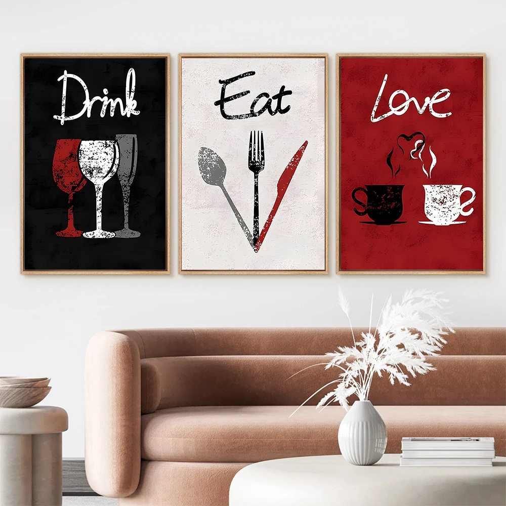 1PC/3PCS Frameless Love Drink Eat Posters Canvas Painting Retro Black Red White Background Diet Wall Art Home Kitchen Decoration - Image 4