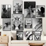 Woman Drinking Champagne in Bathtub Poster Print Black and White Toilet Smoking Funny Canvas Painting Wall Art Bathroom Decor