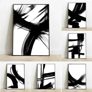 Abstract Canvas Painting Poster Minimalist Black and White Brush Print Modern Gallery Wall Decor Home Living Room Decor