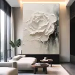 3D Textured Effect Painting, Large Abstract White Flower Poster, Minimalist Wall Art Canvas Print, Living Room Home Decor Cuadro