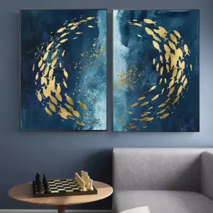 Modern Abstract Gold Fish Blue Canvas Wall Art Print Luxurious Home Decor Poster for Living Room & Bedroom