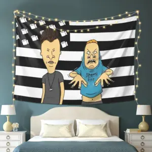 VIKAMA Beavis & Butt-Head Black White Striped Tapestry American Flag Style Home Decor Durable Wall Hanging Art