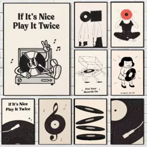 Black And White Music Vinyl Record Anime Posters Sticky HD Quality Wall Art Retro Posters For Home Kawaii Room Decor