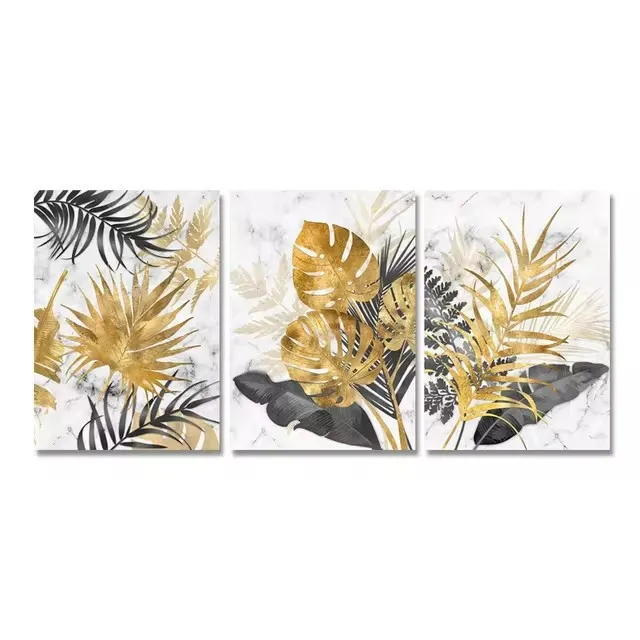 3 pieces Frameless modern luxury gold leaf art banana leaf canvas painting for corridors, living room sofa background - Image 5