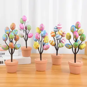 Colorful Easter Eggs Tree Branch DIY Painting Foam Bunny Eggs 2024 Easter Decoration For Home Kids Gift Party Fake Flower Plants