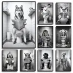 Funny Pet Dog in Toilet Reading Animal Black White Poster and Prints Canvas Printing Wall Art Picture for Bathroom Petshop Decor