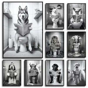 Funny Pet Dog in Toilet Reading Animal Black White Poster and Prints Canvas Printing Wall Art Picture for Bathroom Petshop Decor