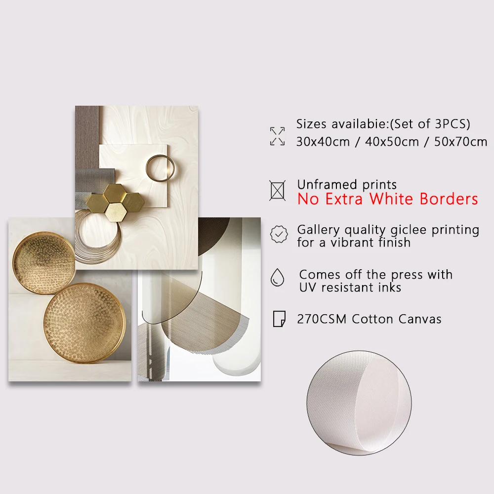 3PCS Frameless Abstract Beige and Gold Geometric Poster Modern Wall Art Pictures Minimalist Canvas Painting for Living Room Home - Image 2