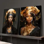 Gold and Black Woman Canvas Painting Luxury Fashion African Poster Print Wall Art Picture Abstract Portrait Mural for Home Decor