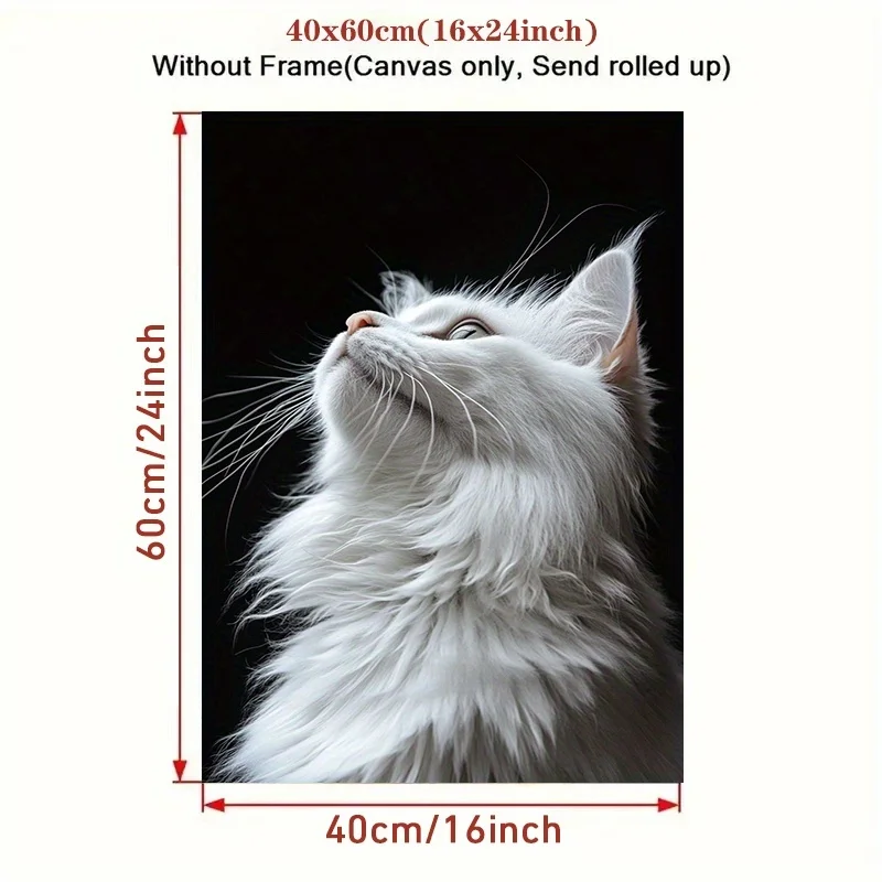 White Longhair Cat Portrait Canvas Print – High-Contrast Feline Art, Realistic Animal Design, Frameless for Home Office Decor - Image 3