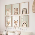 1PC/6pcs  Nordic Modern Modern Cartoon Animal Rabbit Owl Bear English children's room baby bedroom canvas decoration frameless