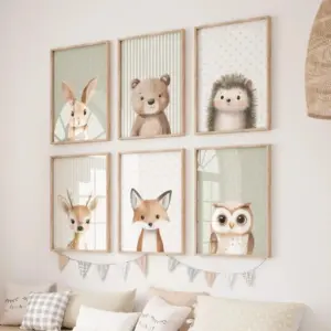 1PC/6pcs  Nordic Modern Modern Cartoon Animal Rabbit Owl Bear English children's room baby bedroom canvas decoration frameless