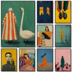 Retro Abstract 60s Fashion Woman and Goose Trendy Colorful Poster Canvas Paintings Wall Art Pictures Modern Home Decor