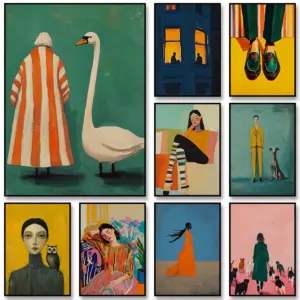 Retro Abstract 60s Fashion Woman and Goose Trendy Colorful Poster Canvas Paintings Wall Art Pictures Modern Home Decor