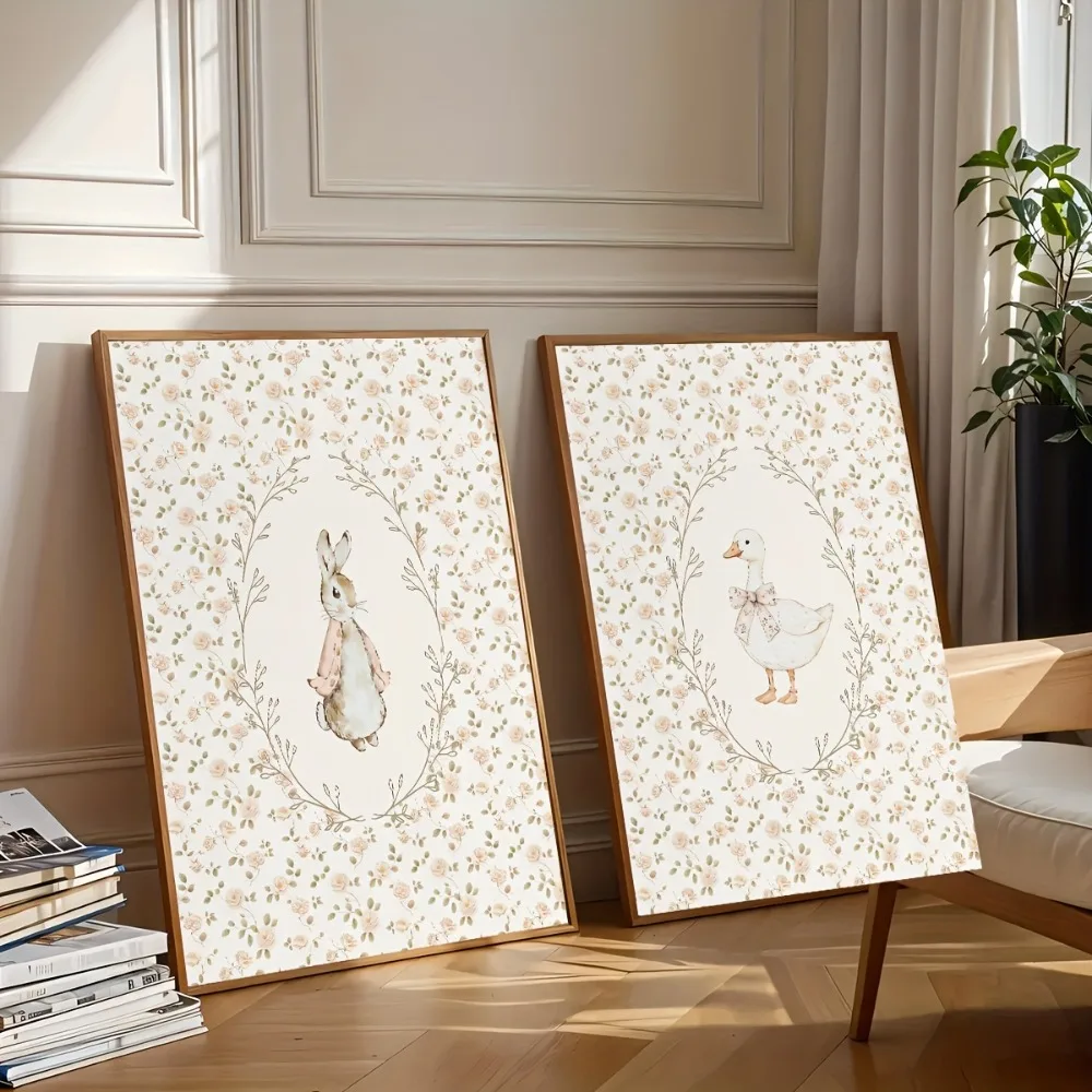 2pcs Frameless Cute Rabbit and Silly Goose Nursery Poster,Farmhouse Pollen Red Canvas Art,Living Room Decor,Whimsical Design - Image 2