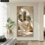 1pc Large Mediterranean Olive Tree Steps Canvas Print Modern Beige White Greek Island Landscape Wall Art Poster for Home Decor