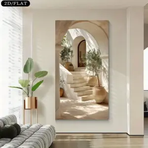 1pc Large Mediterranean Olive Tree Steps Canvas Print Modern Beige White Greek Island Landscape Wall Art Poster for Home Decor